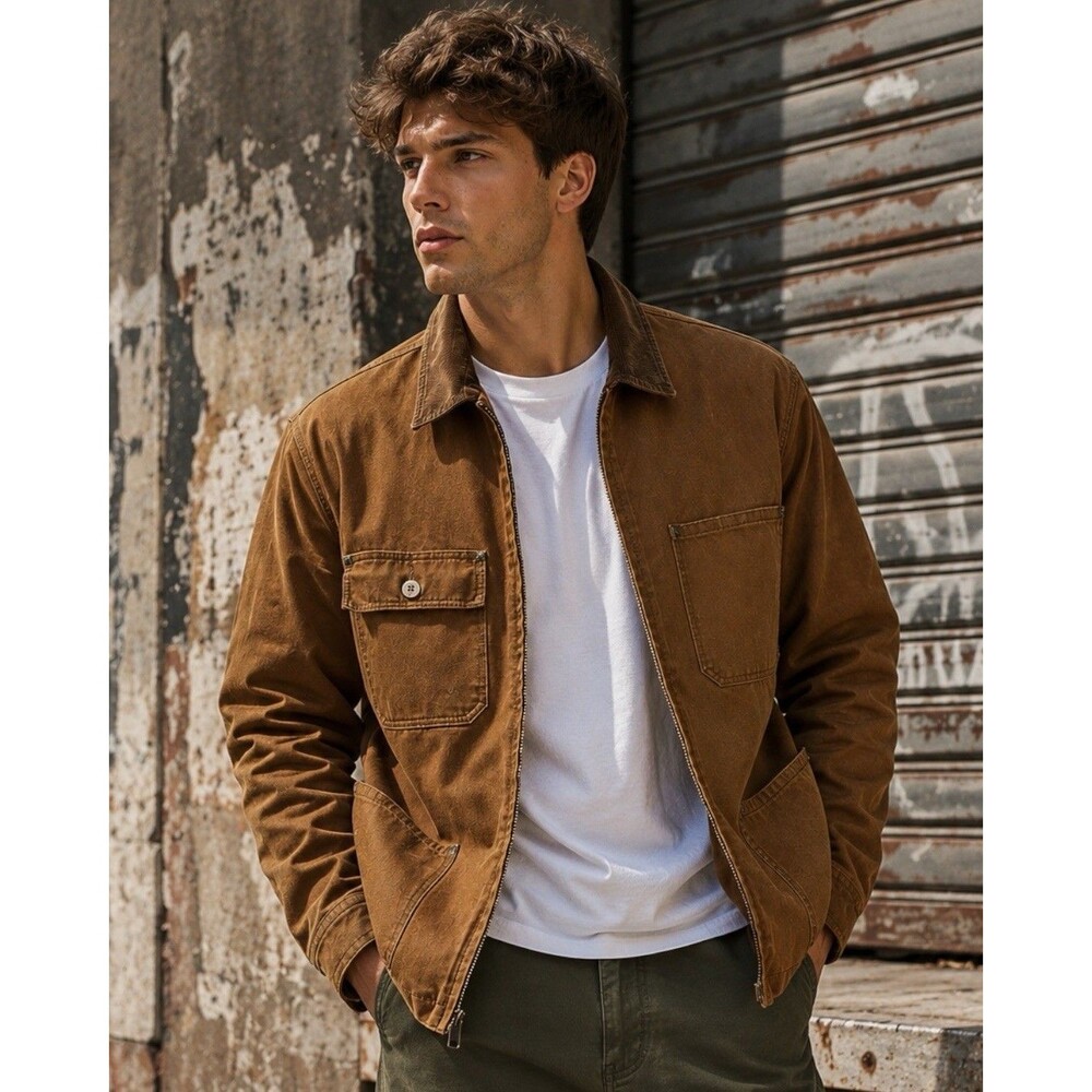 J Crew Wallace Barnes Utility Jacket Mens S Brown Duck Canvas Corduroy Collar